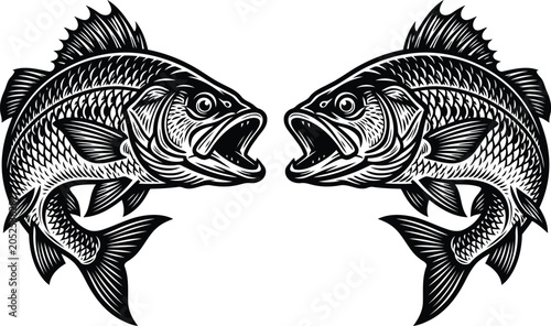 Foto Black and white illustration of two fish facing each other