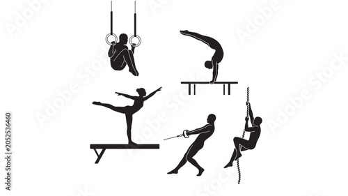 Quadro su tela Gymnastics Silhouette Set Shows Athletes on Rings, Balance Beam, Trapeze Bars, a