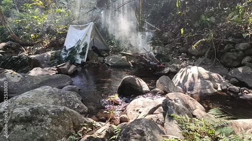 Camping by the Riverside in a Serene Natural Forest Landscape