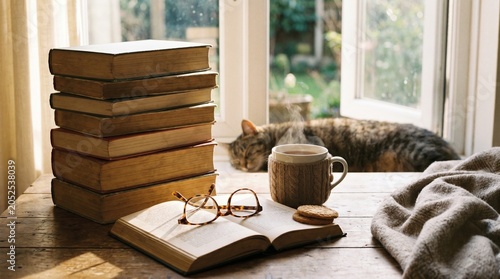 A tall stack of vintage hardbound books rests next to an open reading book with classic tortoise shell glasses and a steaming mug of tea on a rustic wooden table.