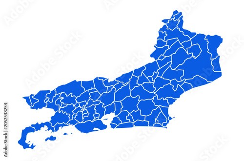 Rio de Janeiro state map with all municipalities in blue color style