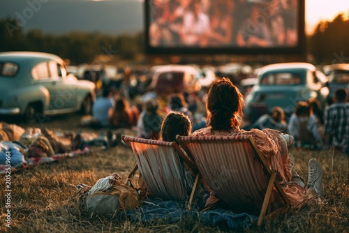 Family Relaxing on Lawn Chairs at Outdoor Drive-In Cinema at Sunset