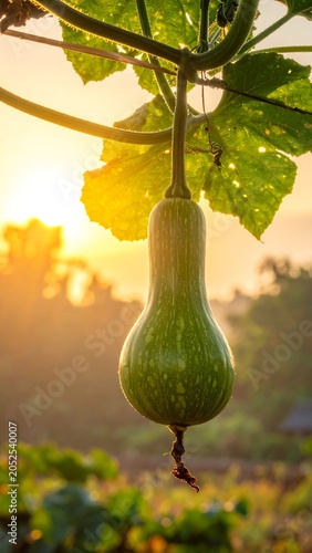 A green gourd hangs from a vine with large leaves against a sunset