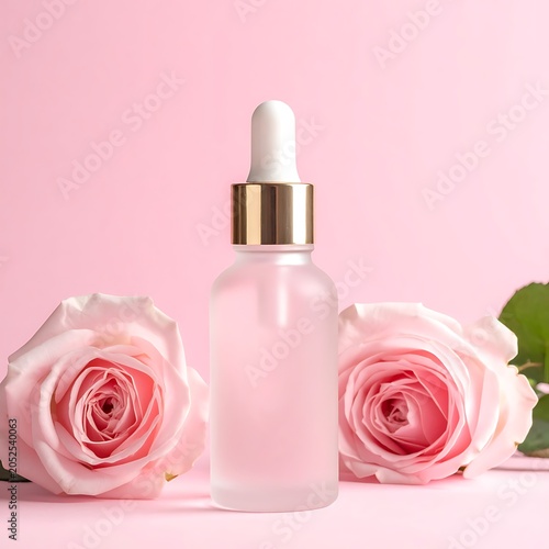 A frosted glass dropper bottle with gold accents and pink roses