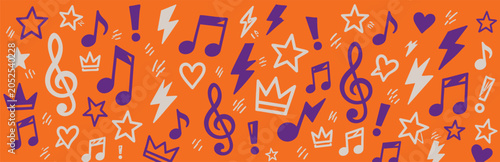 Vibrant orange banner with hand drawn music and rock doodles