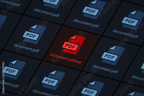 Foto Malicious executable file disguised as a PDF document on screen, representing cyber security threat, computer virus, phishing scam, and malware infection