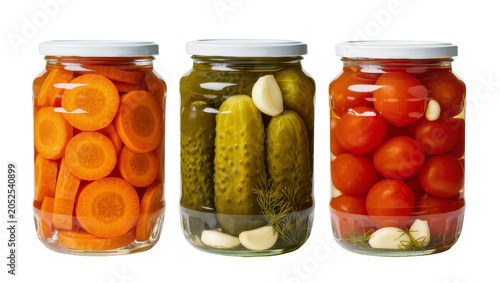 Foto Glass jars with pickled carrots cucumbers, and tomatoes