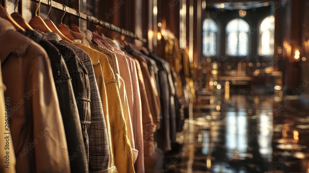 Naklejka premium Row of visitor coats hanging on a rack inside a warmly lit classical museum corridor with arched doorway and blurred gallery paintings in background. AI generated image