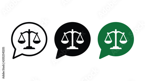 Three distinct circular speech bubble icons featuring scales of justice symbols in black and white styles isolated on a clean white background for legal design