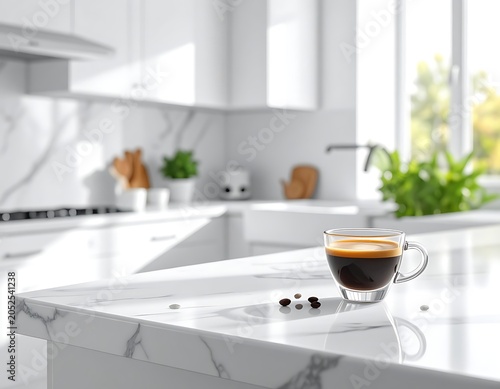 A kitchen countertop with a cup of coffee and beans