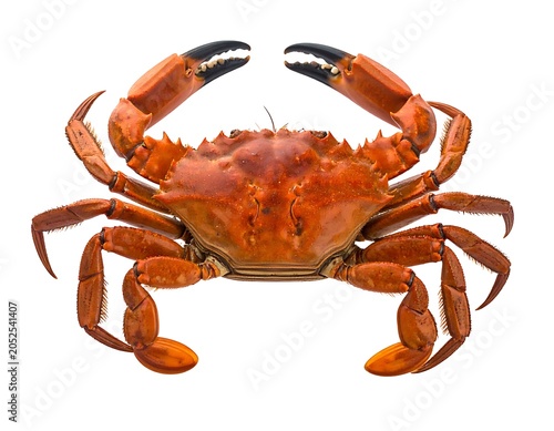 A large orange crab with black claws facing forward