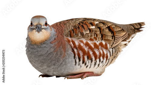 Tableau sur toile Grey partridge bird with patterned feathers and orange eye