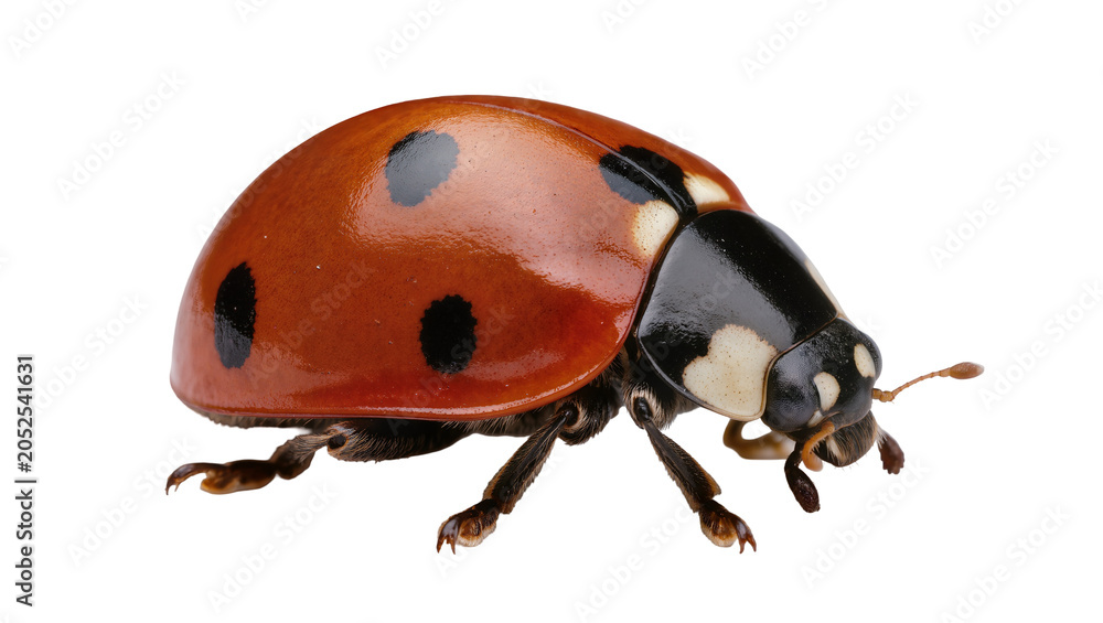 Fototapeta premium Red ladybug with black spots on white