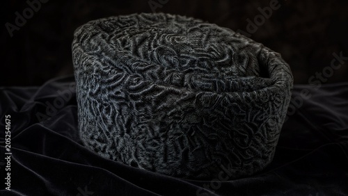 Фотография A Karakul fur hat resting on dark velvet, showcasing its texture.