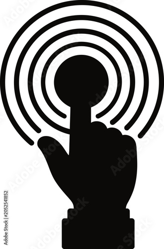 Black silhouette of a hand with index finger touching a sensor with radiating signal waves