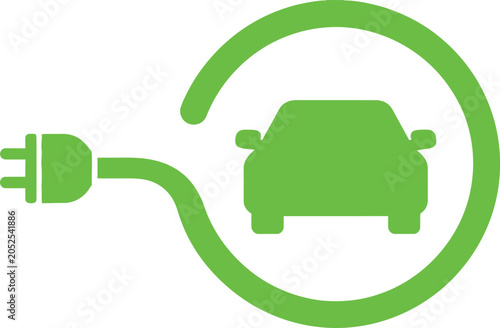 Green electric vehicle charging symbol with a car and power plug integrated into a circle representing sustainability and clean energy