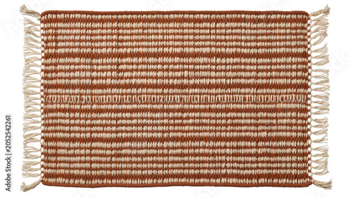 Woven rectangular rug with fringe and striped pattern in terracotta and cream