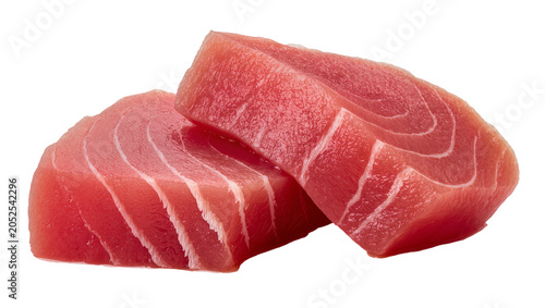Raw tuna steaks sliced, red flesh with white fat lines
