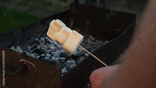 Man is frying marshmallows on a stick over burning coals in a campfire. Garden barbecue scene captures cozy warmth