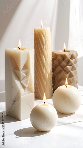A serene arrangement of lit candles and spheres on a white surface
