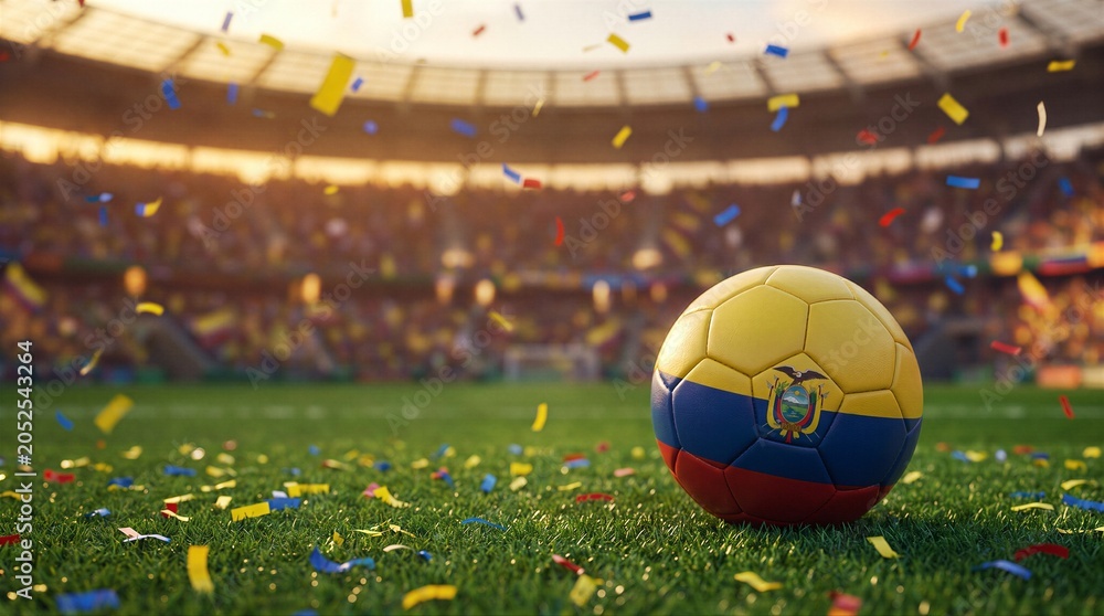 Naklejka premium Ecuador soccer ball on stadium pitch with confetti