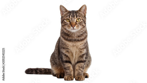 Foto Tabby cat sitting looking forward with yellow eyes