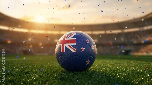 New Zealand soccer ball on stadium pitch with confetti