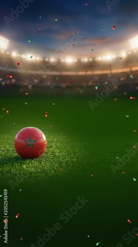 Morocco soccer ball on stadium grass with victory confetti
