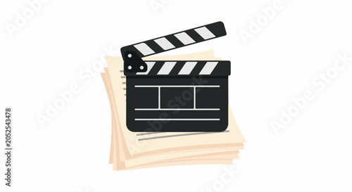 A film clapperboard rests on a stack of papers