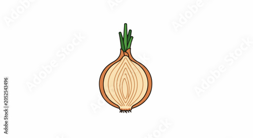 A cut yellow onion with green sprouts and visible layers