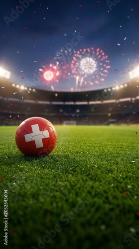 Swiss soccer ball on field with fireworks at night stadium