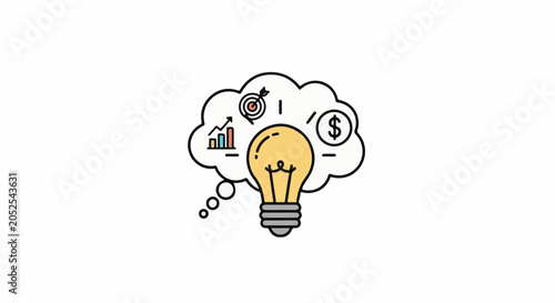 A lightbulb inside a thought bubble with business-related icons