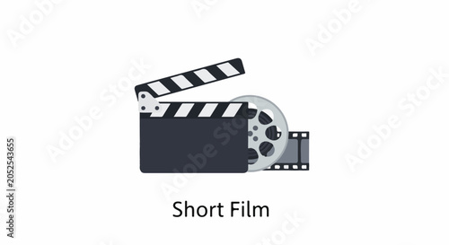 A minimalist illustration of a film clapperboard and reel with text below