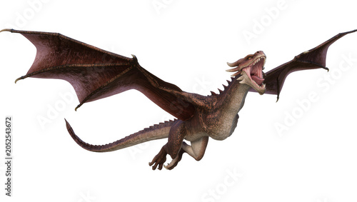 Canvastavla Brown dragon with large wings flying with mouth open
