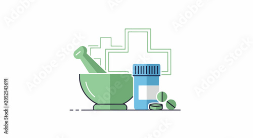 A mortar and pestle, medicine bottle, and pills are depicted