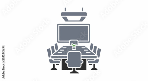A modern conference room with a large screen, table, chairs, and a plant