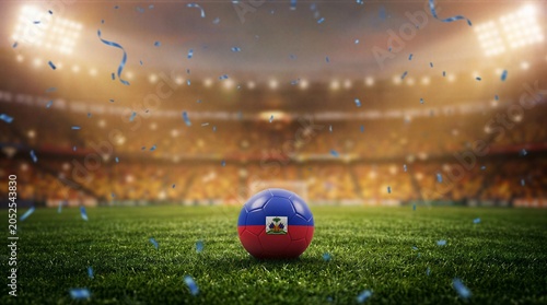 Haiti soccer ball on stadium grass field with confetti