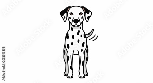 A playful Dalmatian dog with black spots stands proudly on a white background, its tail wagging