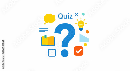 A playful and educational illustration featuring a large question mark surrounded by learning icons like a book, lightbulb, and checklist
