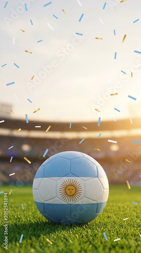 Argentina soccer ball on stadium field with confetti