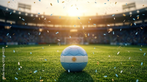 Argentina soccer ball on stadium grass with falling confetti