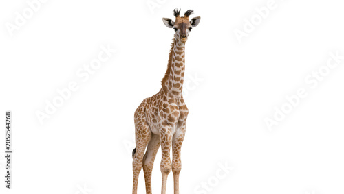 Young giraffe standing on white