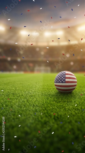 American flag soccer ball on stadium grass field with confetti