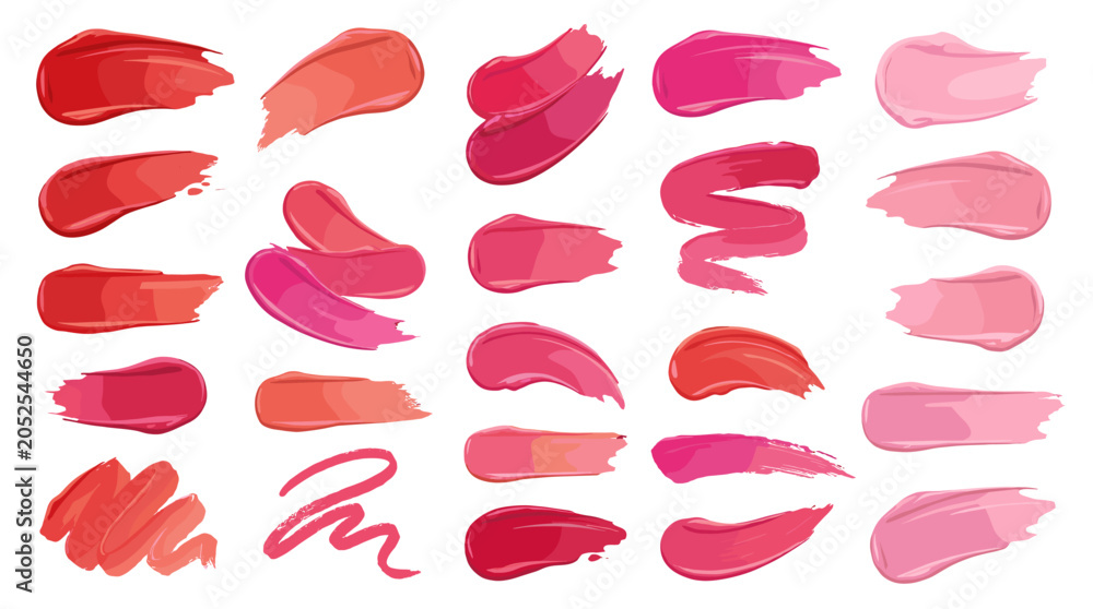 Fototapeta premium Set of pink and red lipstick swatches isolated on white