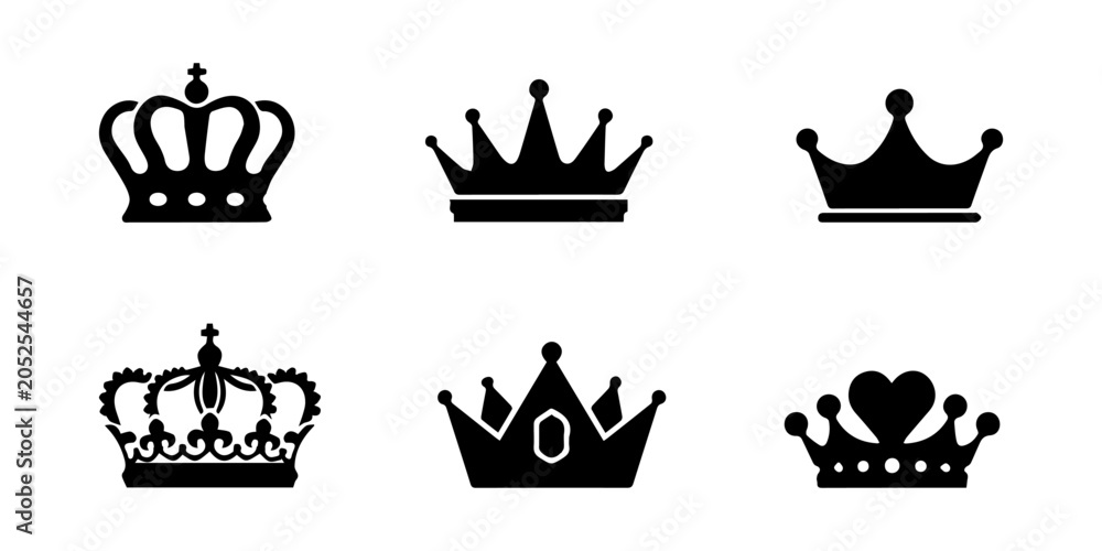 Obraz premium Large collection of black royal crown silhouettes and heraldic tiara icons set isolated on white background for king queen prince or luxury branding design.