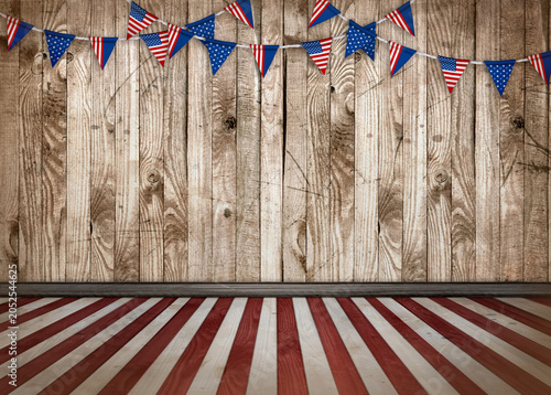 Vintage interior in wild west style in USA flag colors and old grunge wooden wall background and floor, 4th of july Independence Day theme, retro festive concept for american national holidays