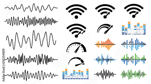 Set of audio waveforms, equalizer bars, wifi and speed icons