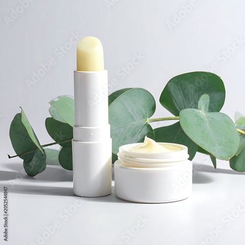 A white tube and jar of creamy lip balm with green leaves