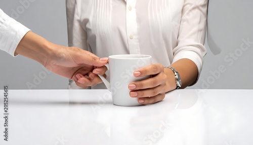 A woman receiving a coffee cup from someone