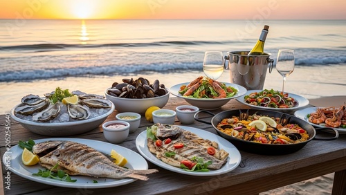 Delicious Seafood Feast on a Beach at Sunset.